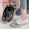 Aphixta 2025 New Crystals Luxury Leather Flats Shoes Women Hand Stitching Slip-on Flat Platform Footwear Plus Big Size 42 43