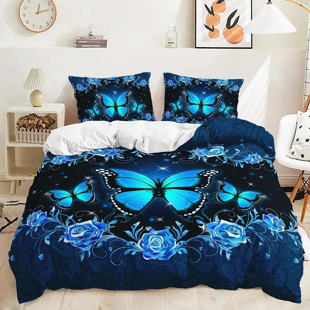 Purple Butterfly Rose Bedding Sets Fashion Duvet Cover Sets Twin Full Queen King Size Pillowcase for Boys Adult Gift Bed Linen