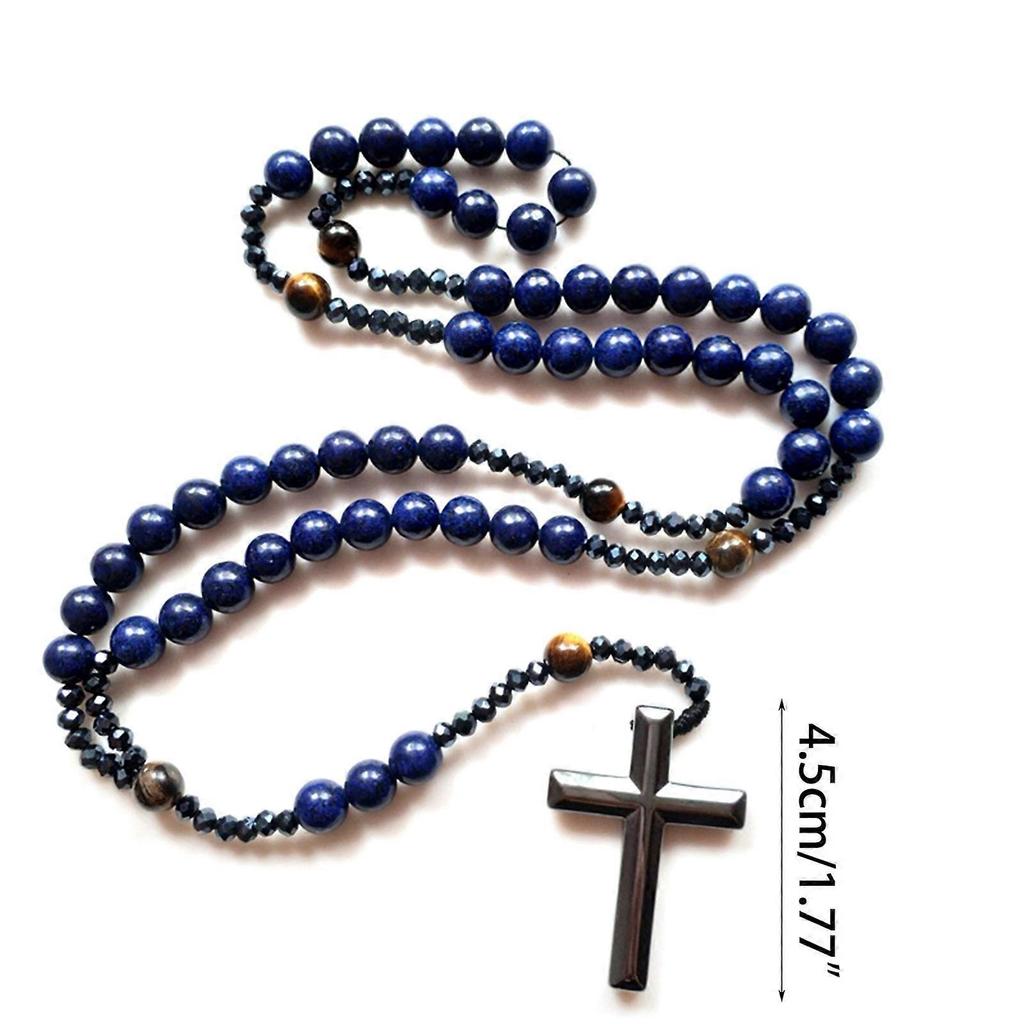 Quality Blue Stone Rosary Necklace with Cross for Men Nightclubs Fine Craftsmanship, Rosary Prayer Religious Necklace