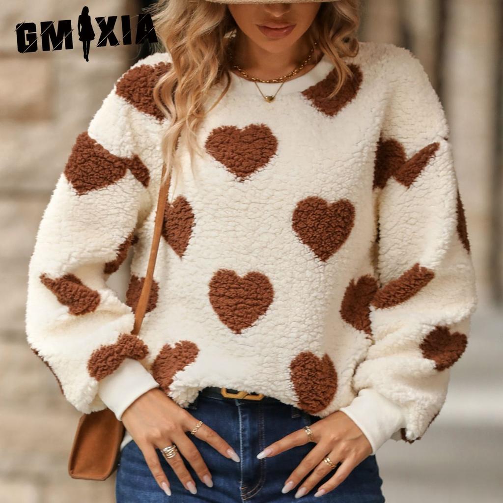 GMXIA Fluttery Женская толстовка с капюшоном из плюша с принтом Love, свободная, с длинными рукавами и круглым вырезом