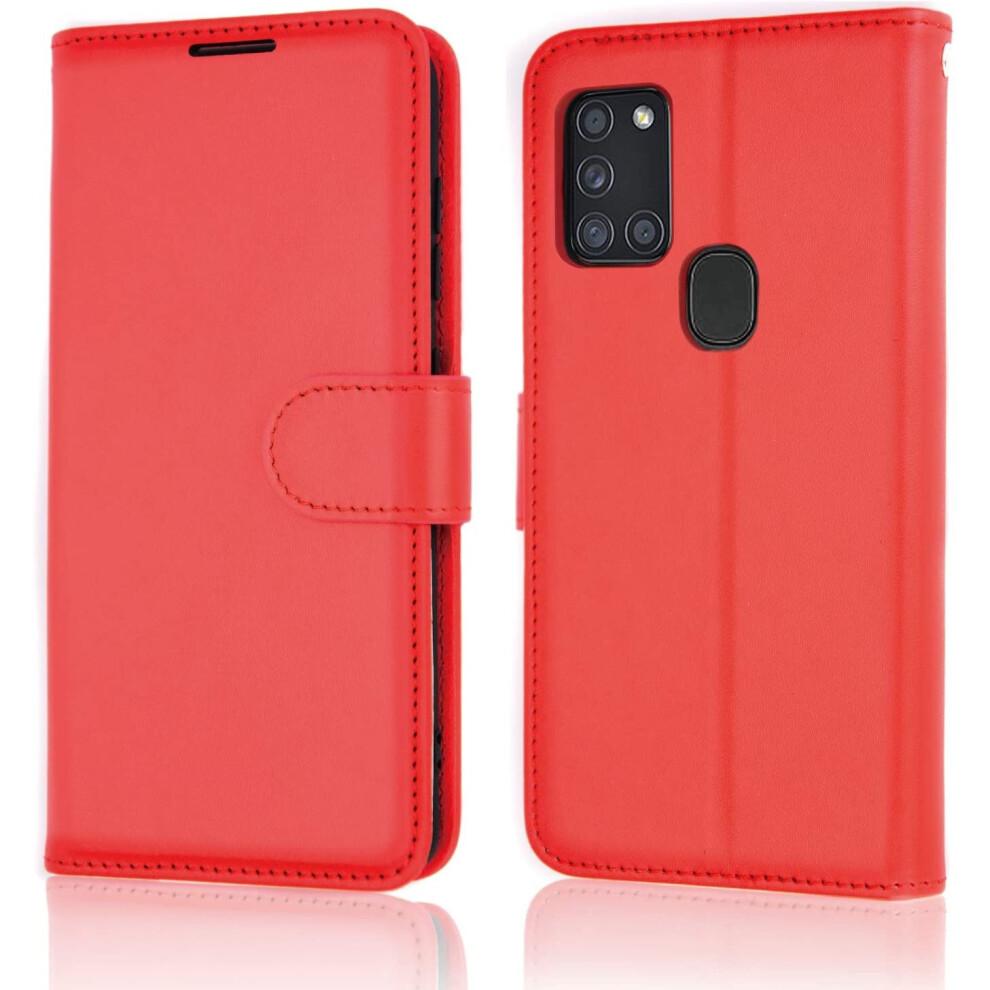 Galaxy A21s Leather Wallet Case, Flip Protective Case Cover with Wallet Card Holder, Stand and Wrist Strap - Red