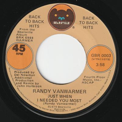 Пластинка 7 дюймов RANDY VANWARMER - Just When I Needed You Most / Gotta GBR0003 Bearsville 1980 США Поп Б/у