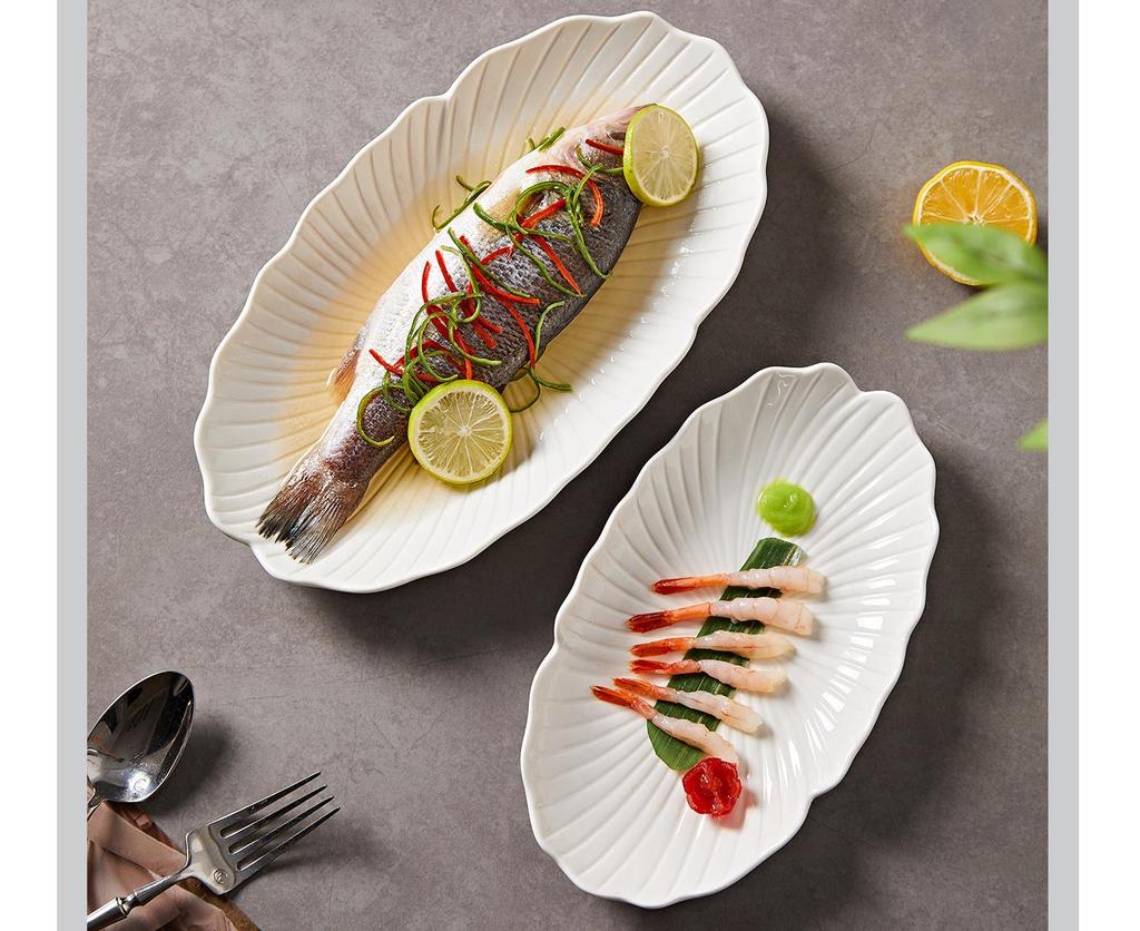 Овальное блюдо для морепродуктов из белого фарфора - Жаростойкое, Идеально для ресторанов и отелей.