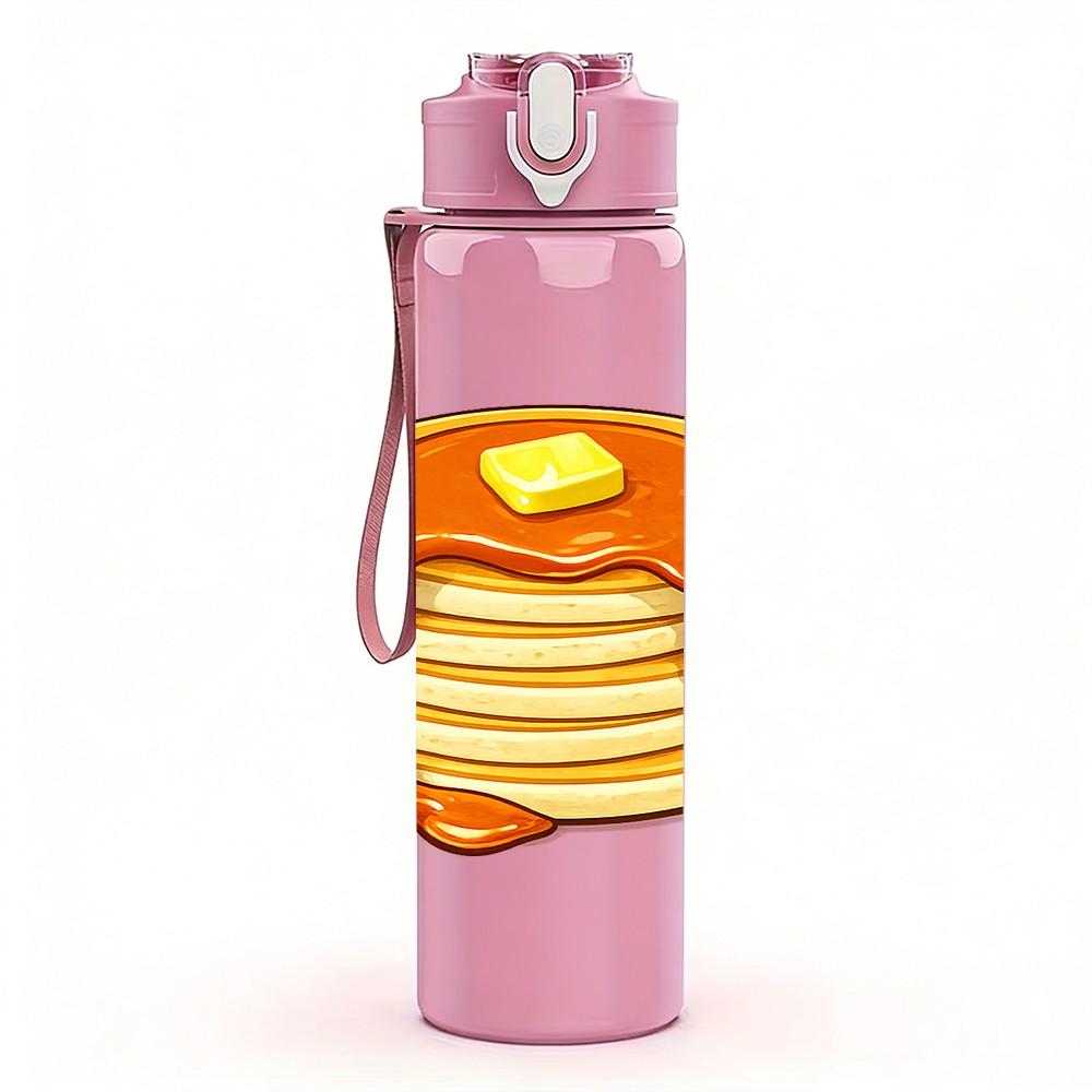 1PC Stack Pancake Butter Breakfast Print 750ml Color Plastic Sports Water Bottle Leakproof Flip Straw Lid Suitable for Sports Office Home Use