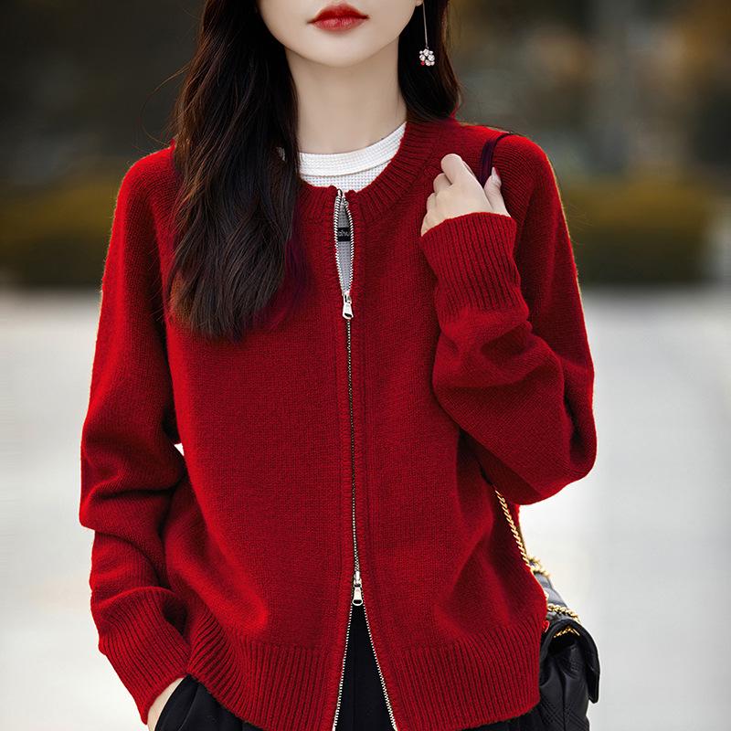 Women's 100% Wool Round Neck Knit Cardigan - Double Zipper, Solid Color, Loose Fit, Casual Fashion, Short Length