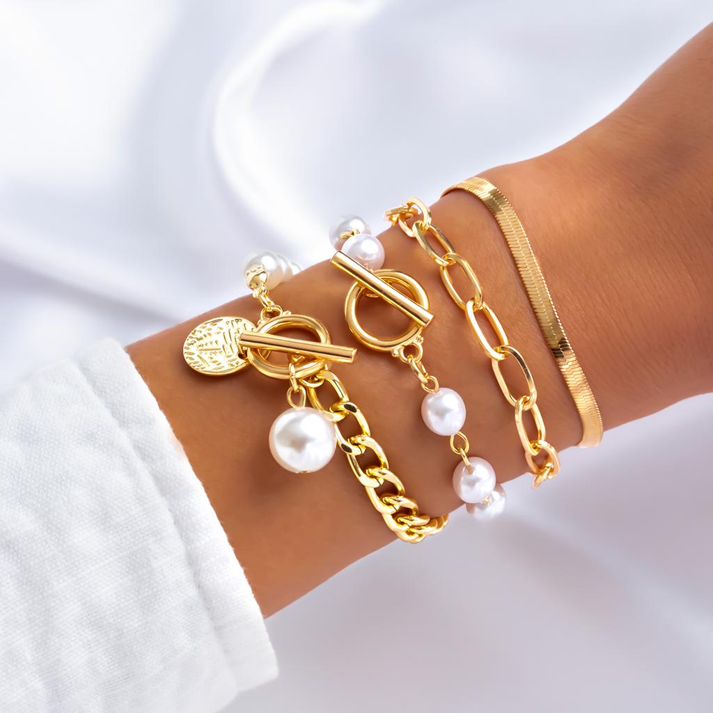 Ingemark Boho Imitation Pearl Chain Coin Pendant Bracelets Set for Women on Hand Vintage Snake Link Bangles Couple Wrist Jewelry