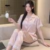 Ice silk pajamas women's summer high-value lace edge short-sleeved trousers loungewear girl style bow set