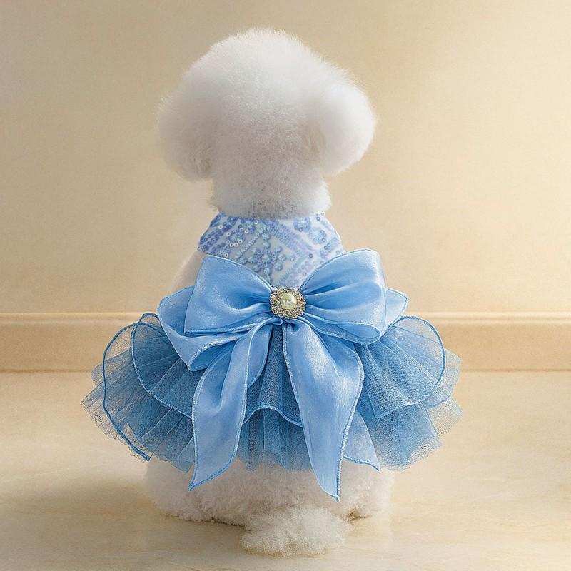 Pet Dress Dogs Cats Blue Galaxy Tulle Wedding Gown Princess Style