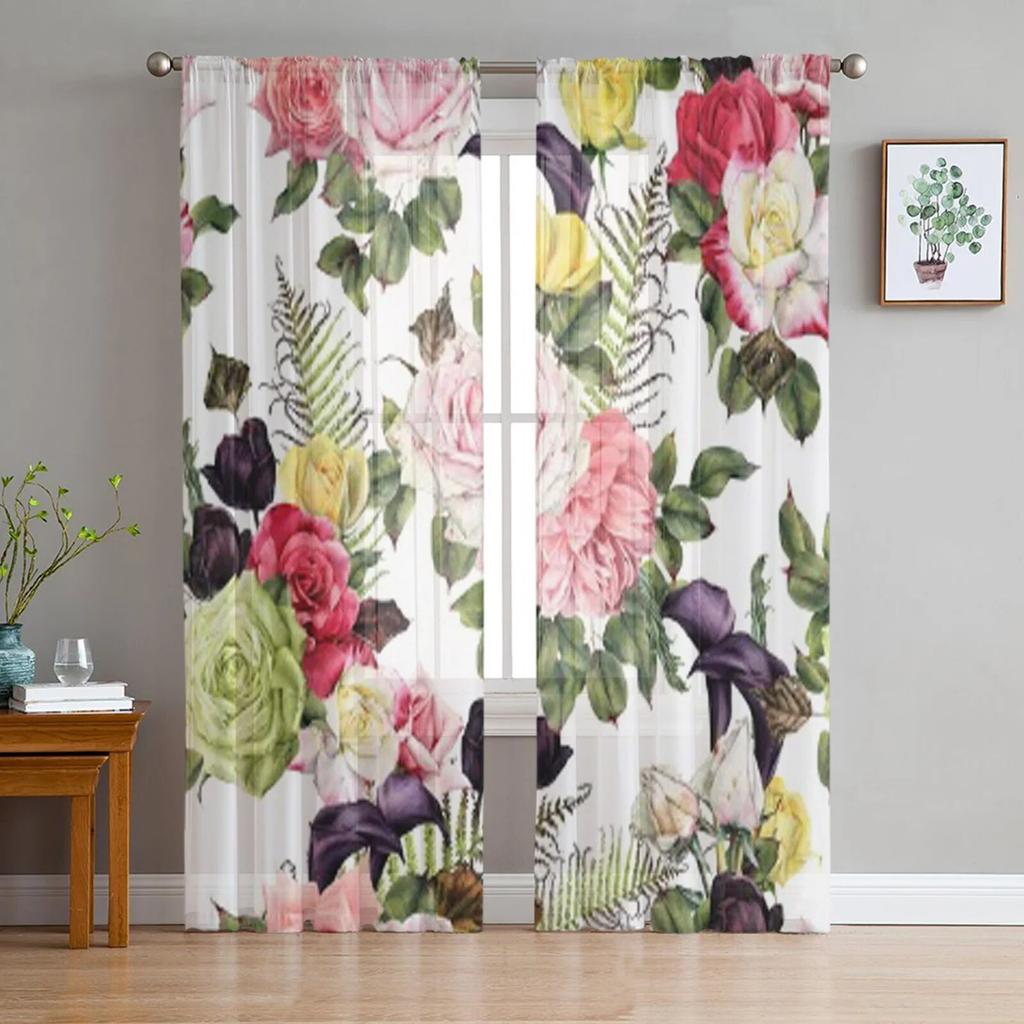 Floral Roses Watercolor Flowers Chiffon Sheer Curtains for Living Room Bedroom Kitchen Decoration Window Voiles Tulle Curtain