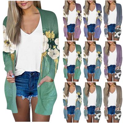 Женская модная свободная повседневная куртка-кардиган средней длины с длинными рукавами и принтом, топ