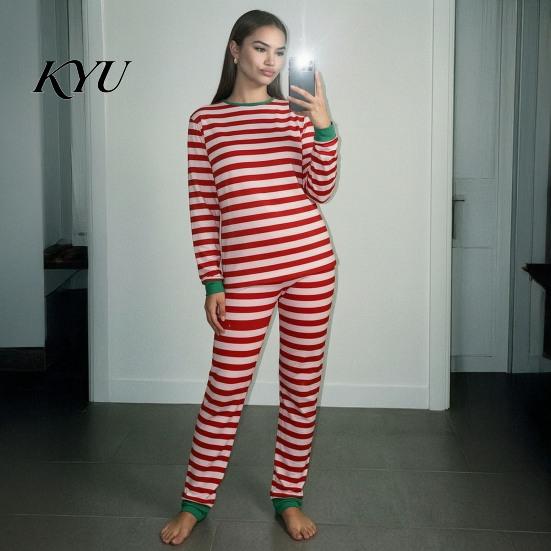 Comfortable Home Wear Family Christmas Pajamas Matching Sets, Red White Striped Xmas 2 Piece Parent Child Sets Pjs Lounge Set, Holiday Long