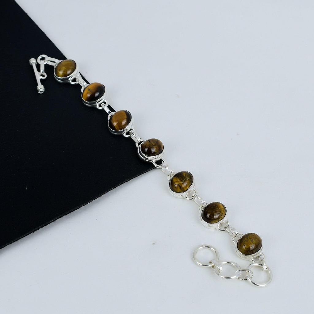 Natural Tiger Eye Gemstone Handmade 925 Sterling Silver Bracelet, Tiger Eye Bracelet For Wife , Unisex Bracelet Wadding GIft For Love