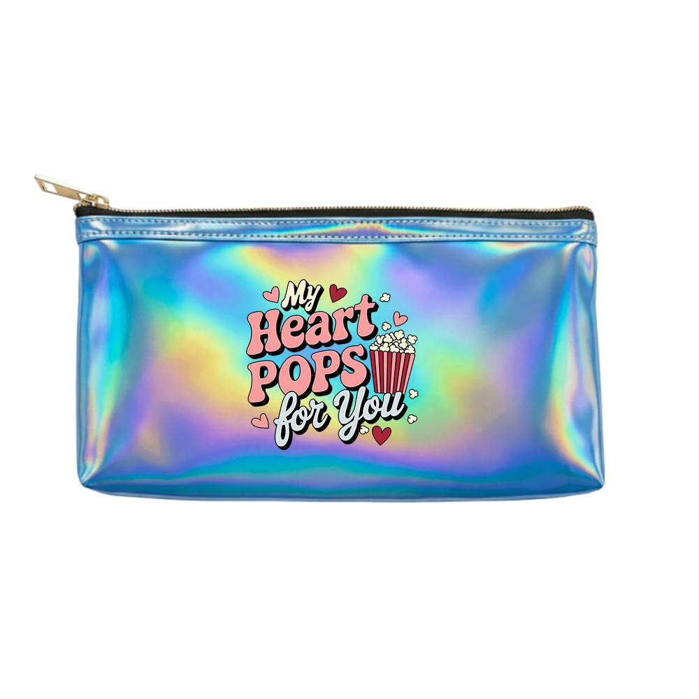 Retro Popcorn Heart Pattern Laser Cosmetic Makeup Bag, Shiny IridescentToiletry Organizer for Travel Holiday Gift and Daily Storage
