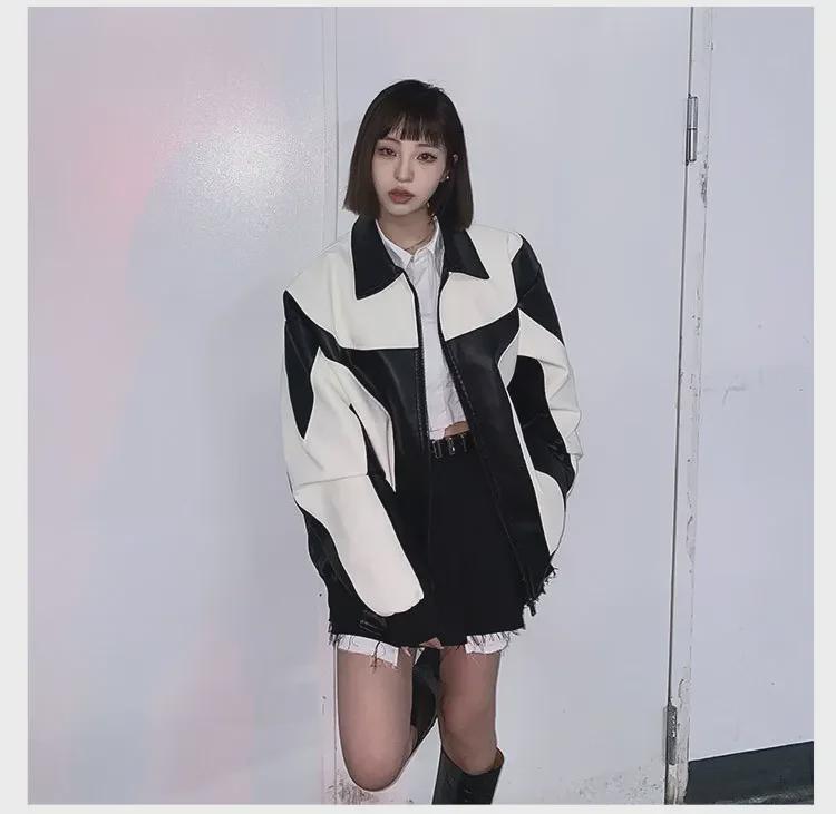 Мужская кожаная куртка в гонконгском стиле: Корейская мода осень/зима, молодежный свободный крой, контрастные цвета, повседневная верхняя одежда для мотоциклистов