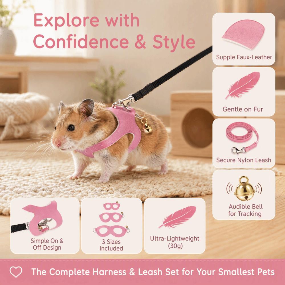 4pcs Faux-Leather Hamster Harness Set Nylon Rat Walking Harness Guinea Pig Harness Set Hamster