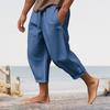 Men Cropped Pants Drawstring Elastic Waist Solid Color Loose Pockets Split Deep Crotch Soft Breathable Summer Vacation Beach Trousers