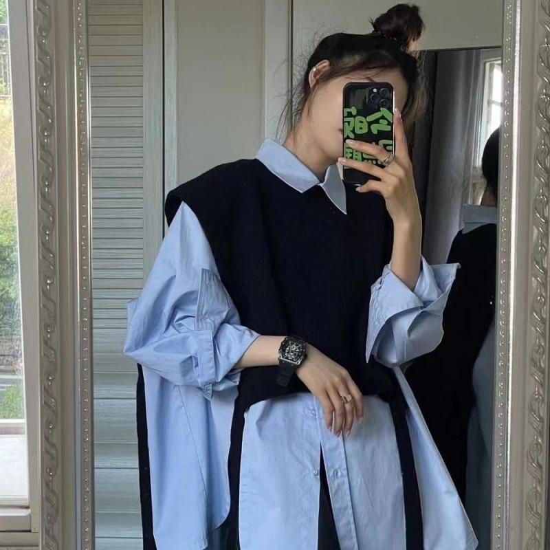 Осенний женский комплект из жилета и рубашки в студенческом стиле 2024 года