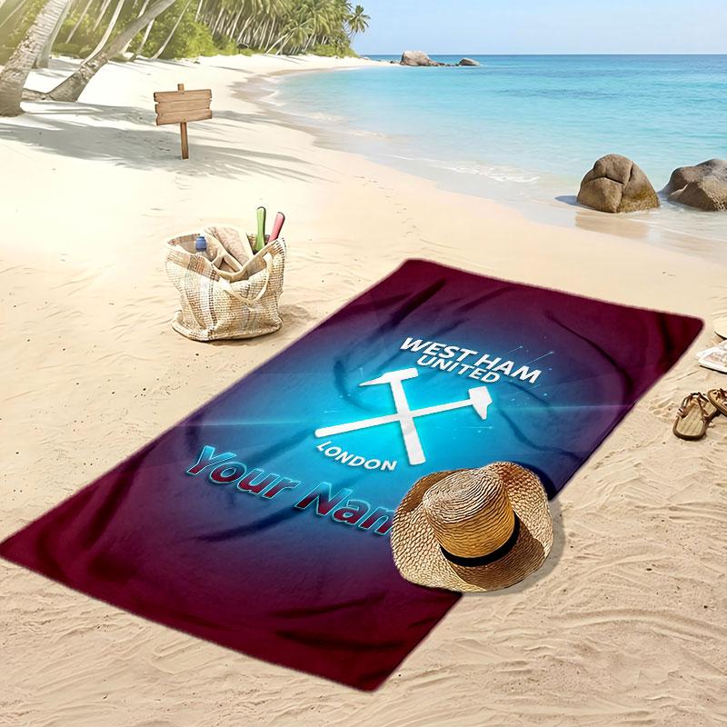 West Ham United FC Personalized Printed Beach Towel Soccer Logo Support Custom Name Text Absorbent Towel For Sport Travel Special Gift