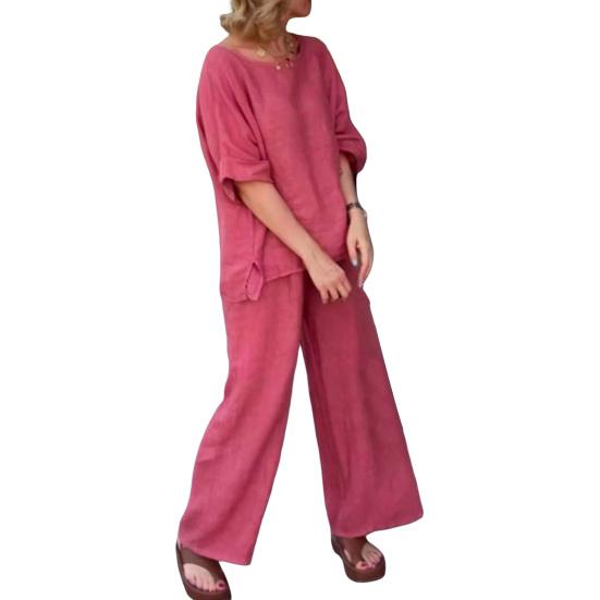 2Pcs/Set Women Casual Outfit O-neck Long Sleeve Tops Elastic Waist Wide Leg Long Pants Set Solid Color Loungewear