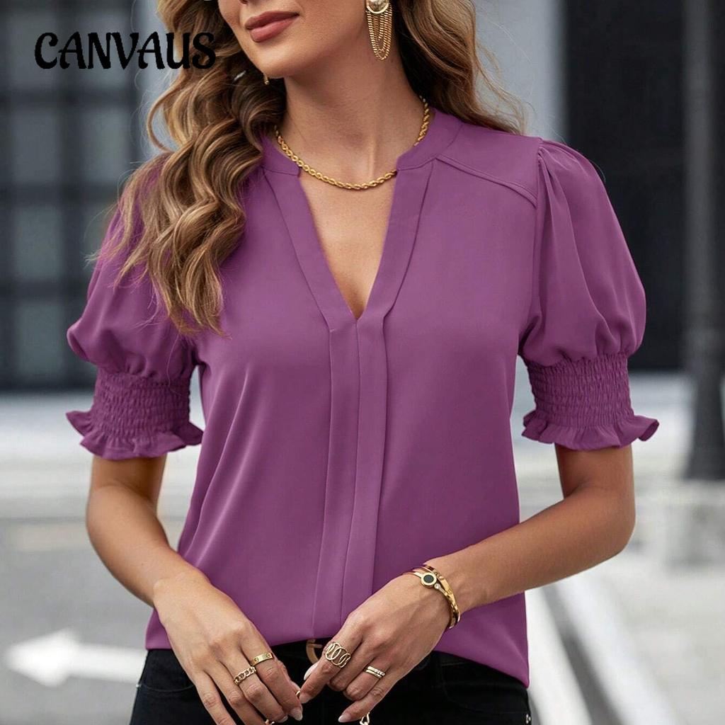 Summer Women's Shirt V-neck Temperament Bubble Sleeve Solid Colour Shirt Short Sleeve Top