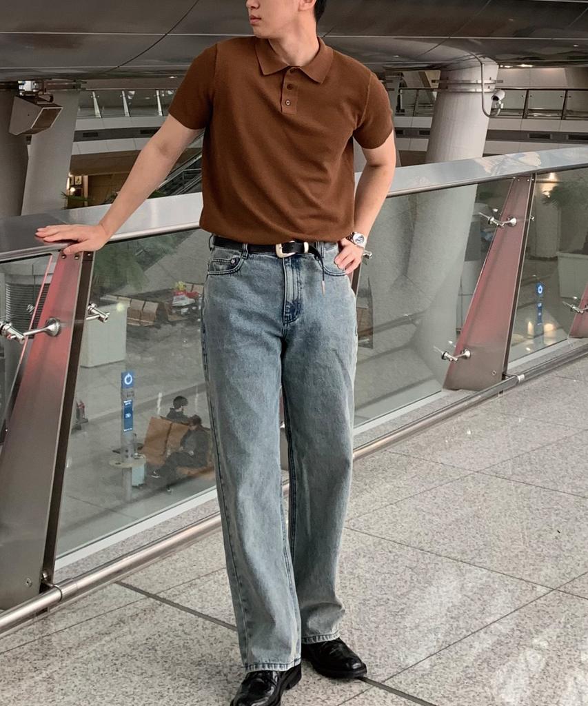 HERVINO Comfort Button Muscle Fit Collared Short Sleeve Knit [Brown]