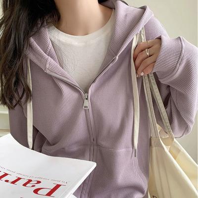 Толстовки женские с длинным рукавом тонкие вафельные пальто с капюшоном женские на молнии однотонные толстовки топы мода