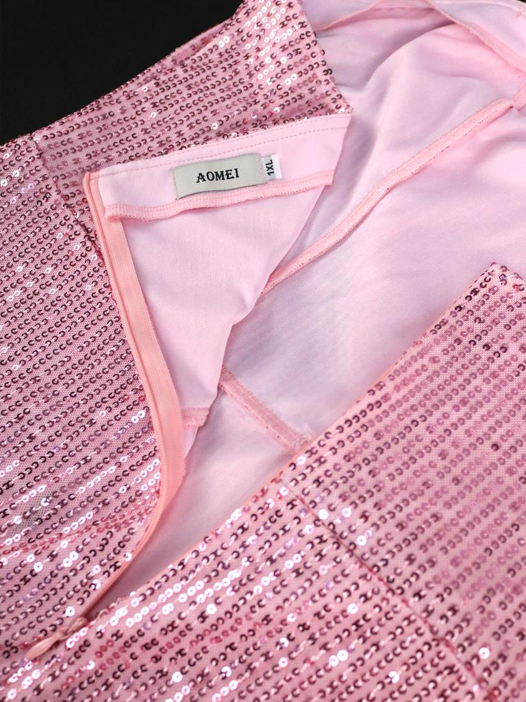 AOMEI Женские платья без бретелек с открытыми плечами, розовые блестки, без рукавов, ампир, до щиколотки, вечерний коктейль на день рождения, наряды для свадебной вечеринки