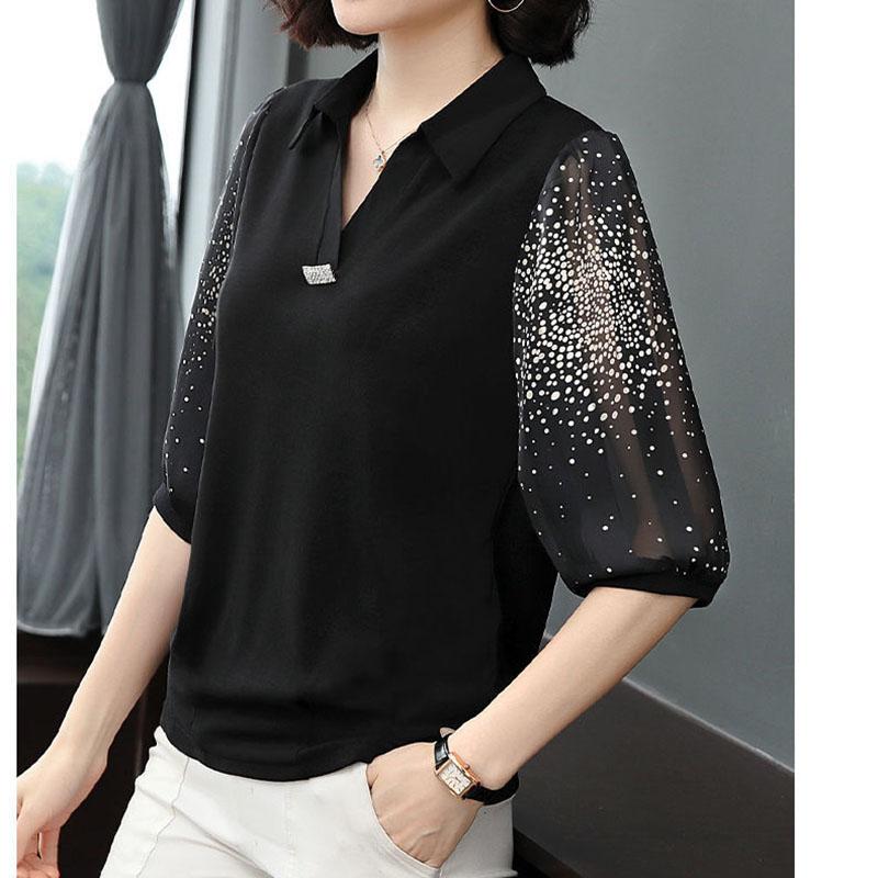 Летний женский шифоновый топ, кружевной топ в горошек, свободный большой размер с V-образным вырезом