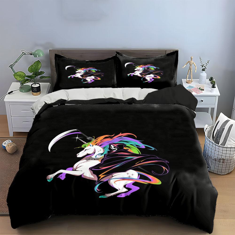 Rainbow Unicorn Grim Reaper Poster Set Bedding Set with 1 Duvet Cover 2 Pillowcases Single Double King Queen, Gift