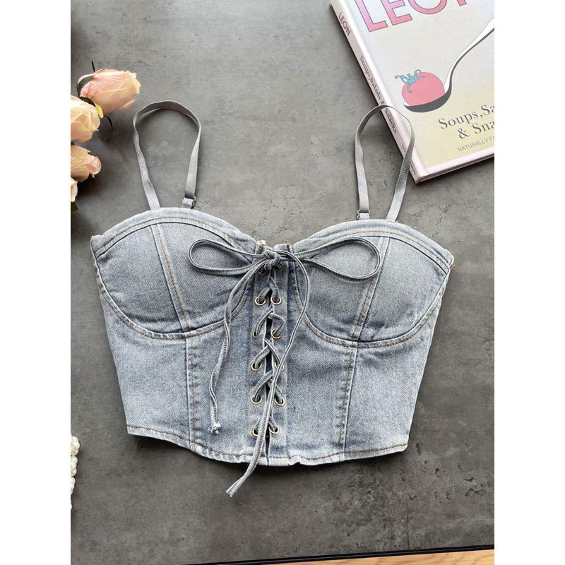 Pure Desire Sexy Denim Camisole Female Sexy with Breast Pad Slim-Fit All-Matching Short Beauty Back Chic Tied Top