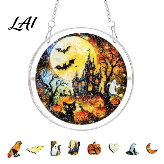 Realistic Suncatcher Acrylic Puzzle Suncatcher Halloween Black Cat Castle Raven DIY Sun Catcher Kit Stained Glass Window Hanging Ornament for Home,