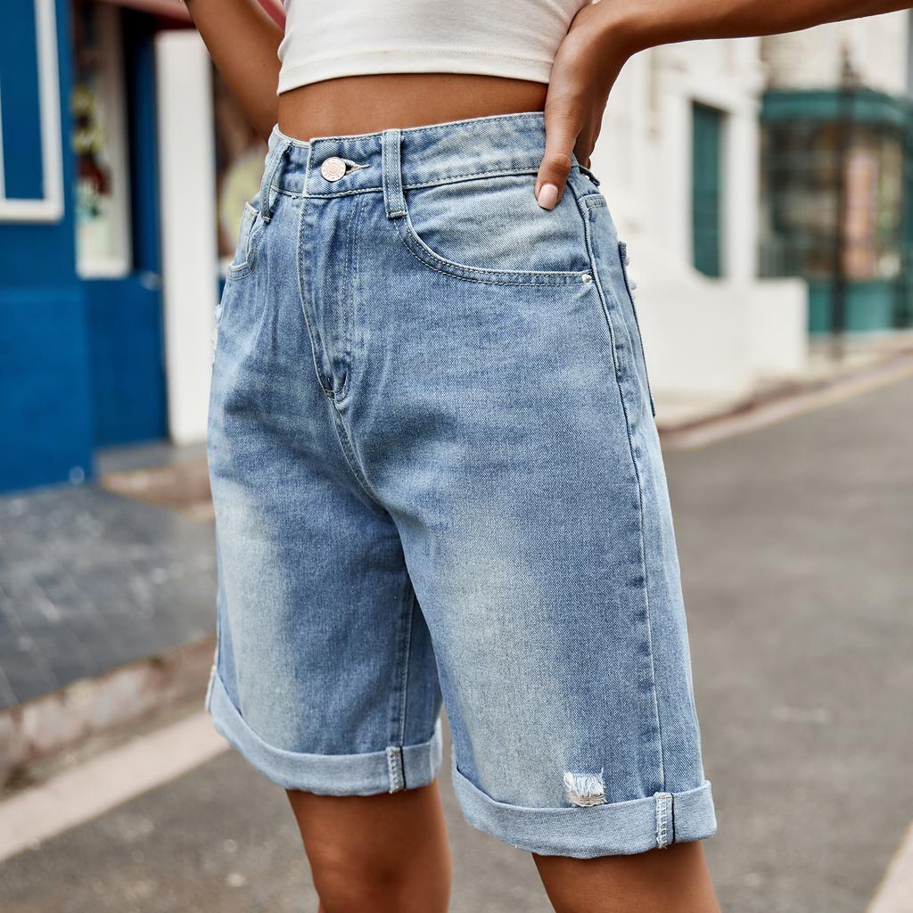 Summer Women's Denim Shorts Ripped Crimped Five-point Denim Shorts Casual Pants