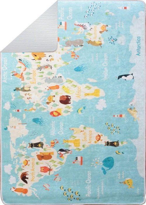 Tapis Enfant - MANI TEXTILE - Monde - Bleu - 80x150 cm - Antidérapant