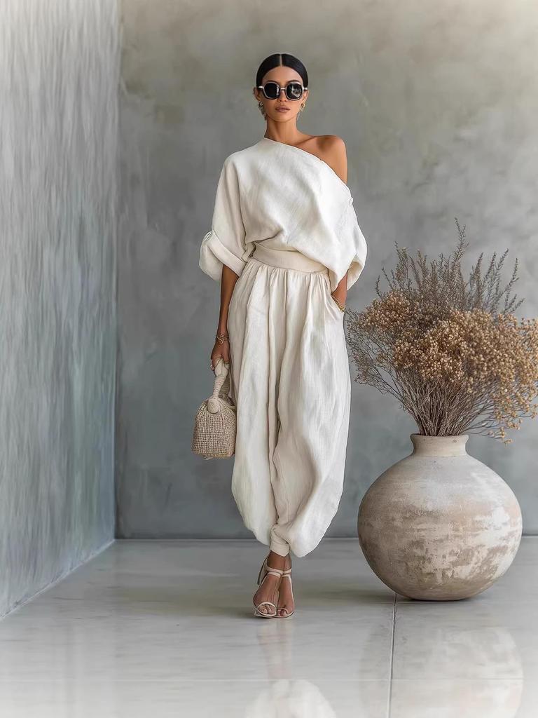 Весна 2026 Европа Однотонный Комплект из Двух Частей с Открытыми Плечами - Универсальный, Повседневный, с Карманами