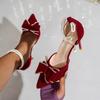 Fashion New Red Wedding Shoes Women Fashion Pointy Stiletto High Heels Sandals Shallow Bow Elegant Pearl One Word Buckle Bride Shoes