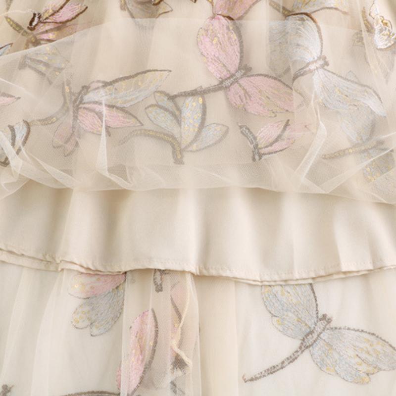 Qooth Женская тюлевая газовая юбка с вышивкой стрекозой, элегантная сетчатая юбка миди с эластичной резинкой на талии на все времена QT2202