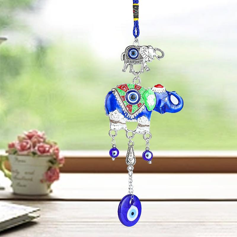 African Elephants Ganesha Animal Nazar Boncuğu Turkish Blue Devil Eye Metal Glass Wind Chime Jewelry Pendant Charm Hanging Decor