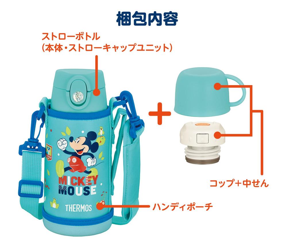 Thermos Water Bottle Vacuum Insulated Bottle Mickey Mint Blue Straw Cup for Children Going To Kindergarten or School MBL 2-Way 0.6L/0.64L FJO-601WFDS