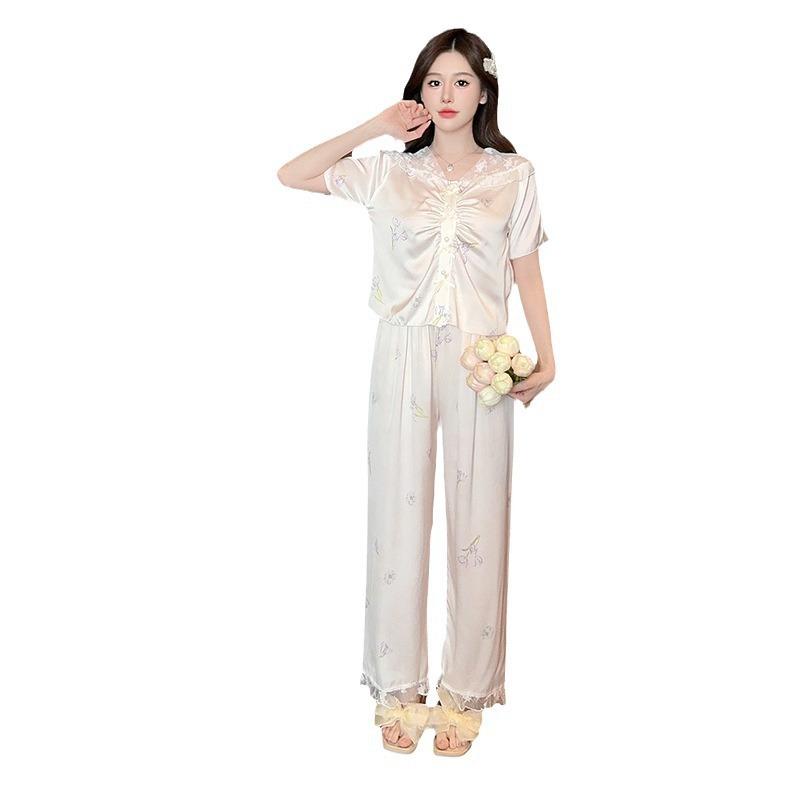 Новая шелковая пижама женская летняя тонкая кружевная сексуальная с коротким рукавом брюки с принтом шелковый комплект для дома