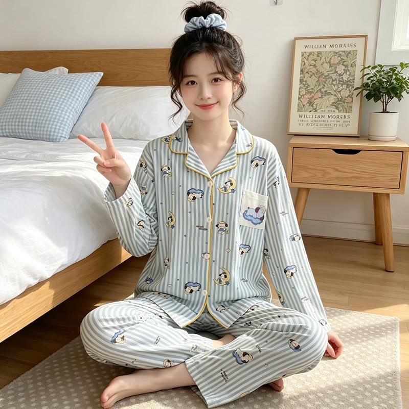 Home Comfortable Cotton Pajamas Women's Autumn Cartoon Striped High-value Homewear Long Sleeve Two-piece Set