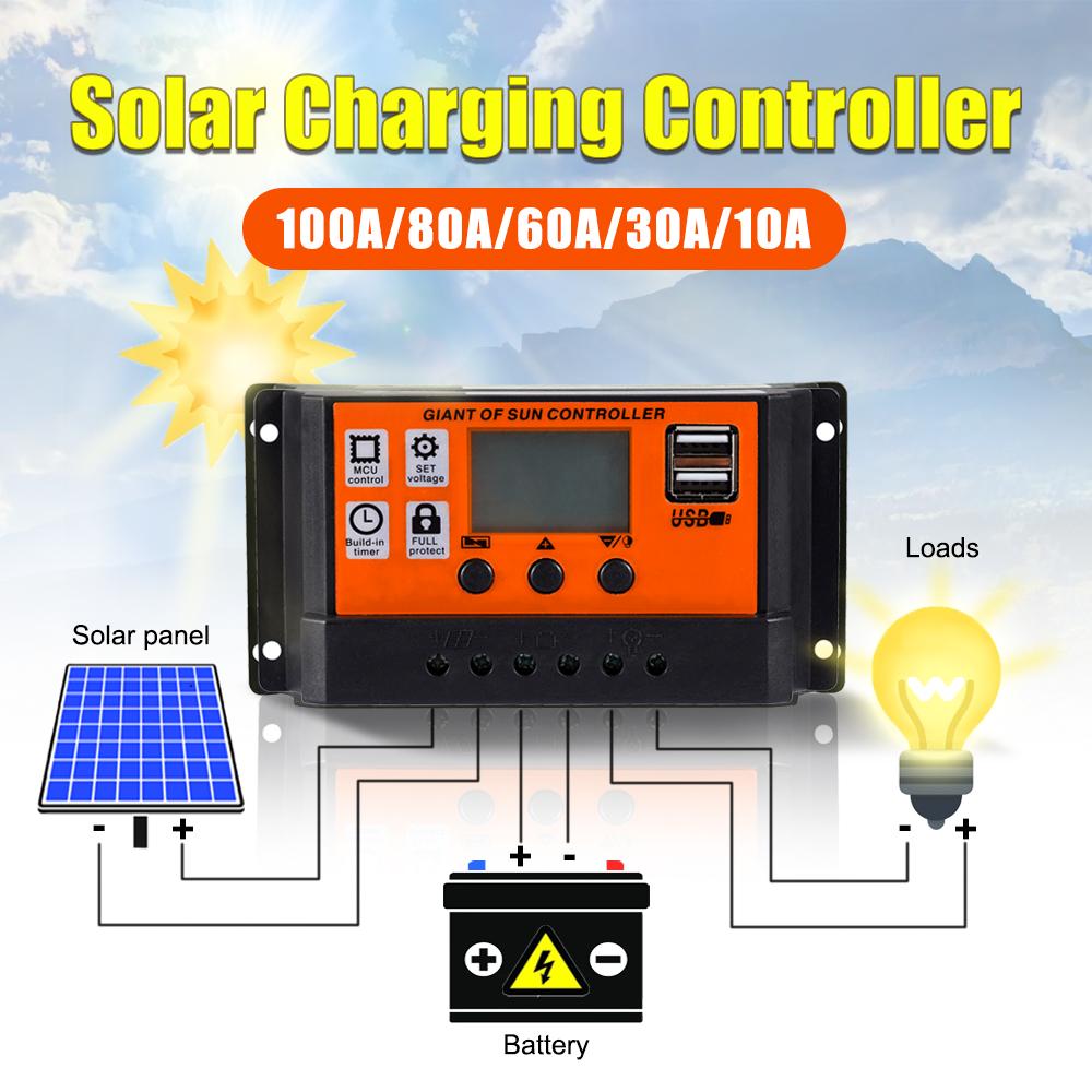 30A/60A/80A/100A PWM контроллер заряда солнечной батареи 5 В зарядное устройство для солнечной панели кондиционер для аккумулятора автомобильная солнечная панель светодиодный дисплей двойной USB