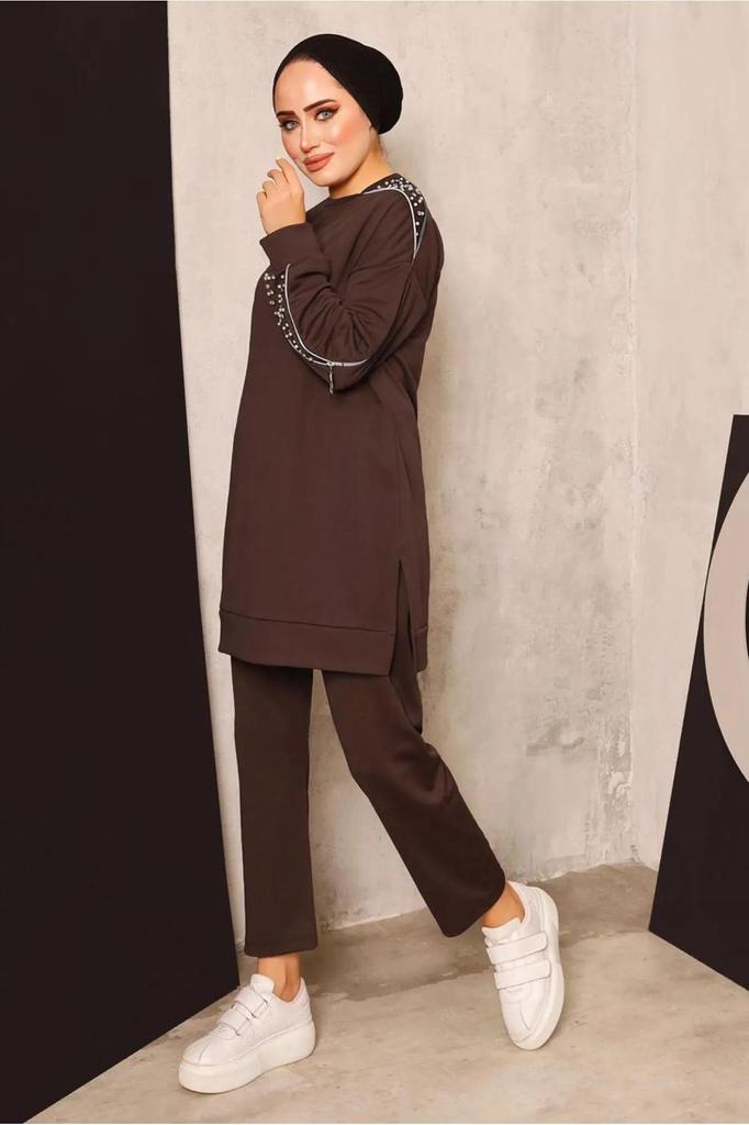 Женский комплект из длинной туники и брюк в хиджабе с жемчугом и молнией