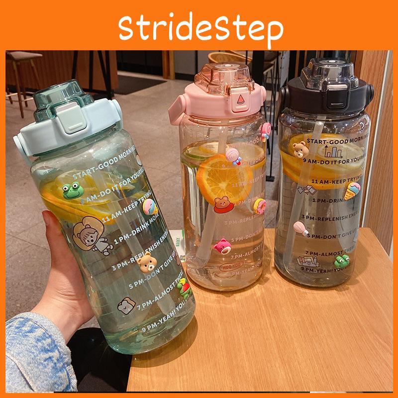 Спортивная бутылка для воды большой емкости 2 л с соломинкой, отметкой времени и забавными наклейками