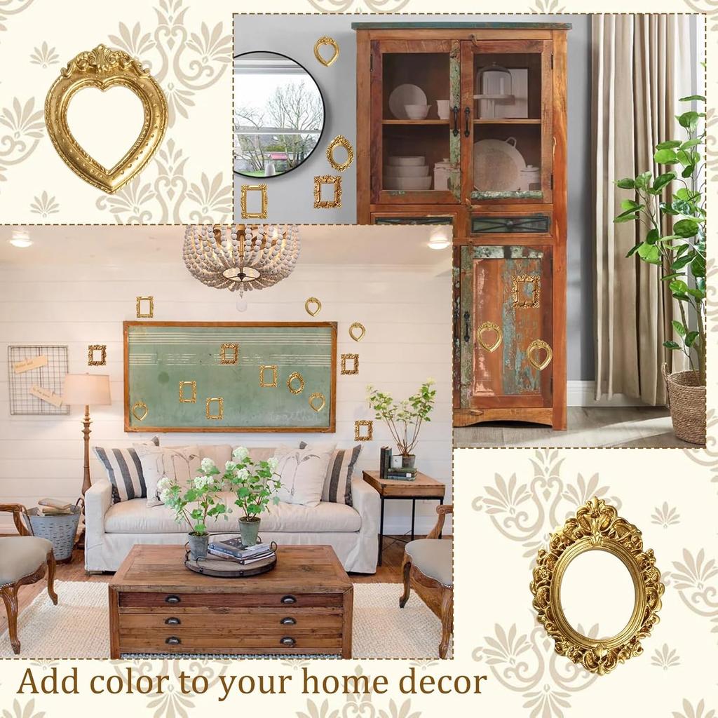 16 Mini Vintage Frames, Miniature Picture Frames Set with Oval, Square, Heart Shapes, Mini Gold Picture Frames for Wall or Tabletop Display