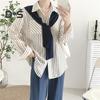 Women Shirt Lapel Long Sleeve Vertical Stripe Print Fake Two Pieces Shirt Tops Regular Fit French Style Shirt