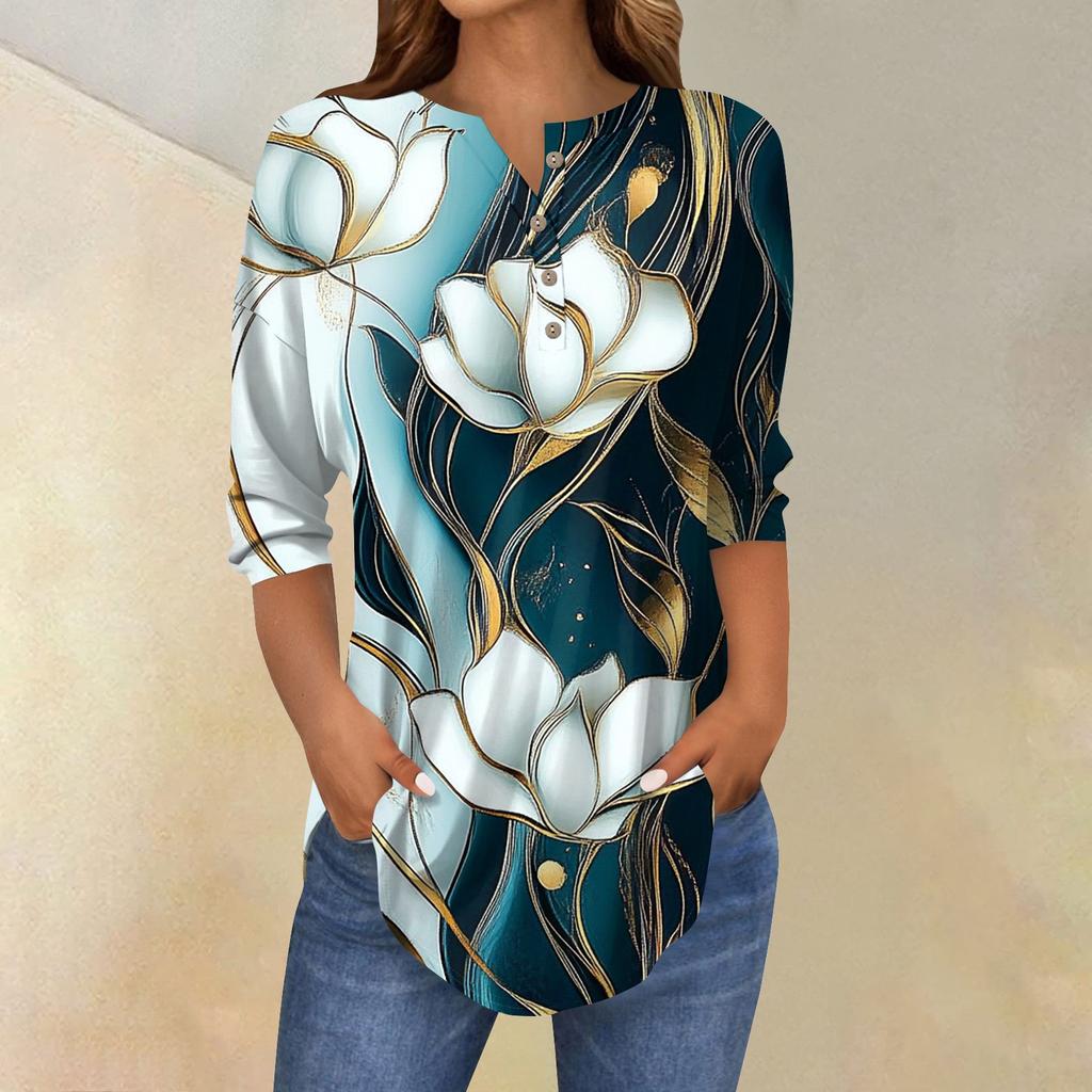 Женская мода свободный воротник на пуговицах с принтом рукав 3/43/4 футболка топы пуловер