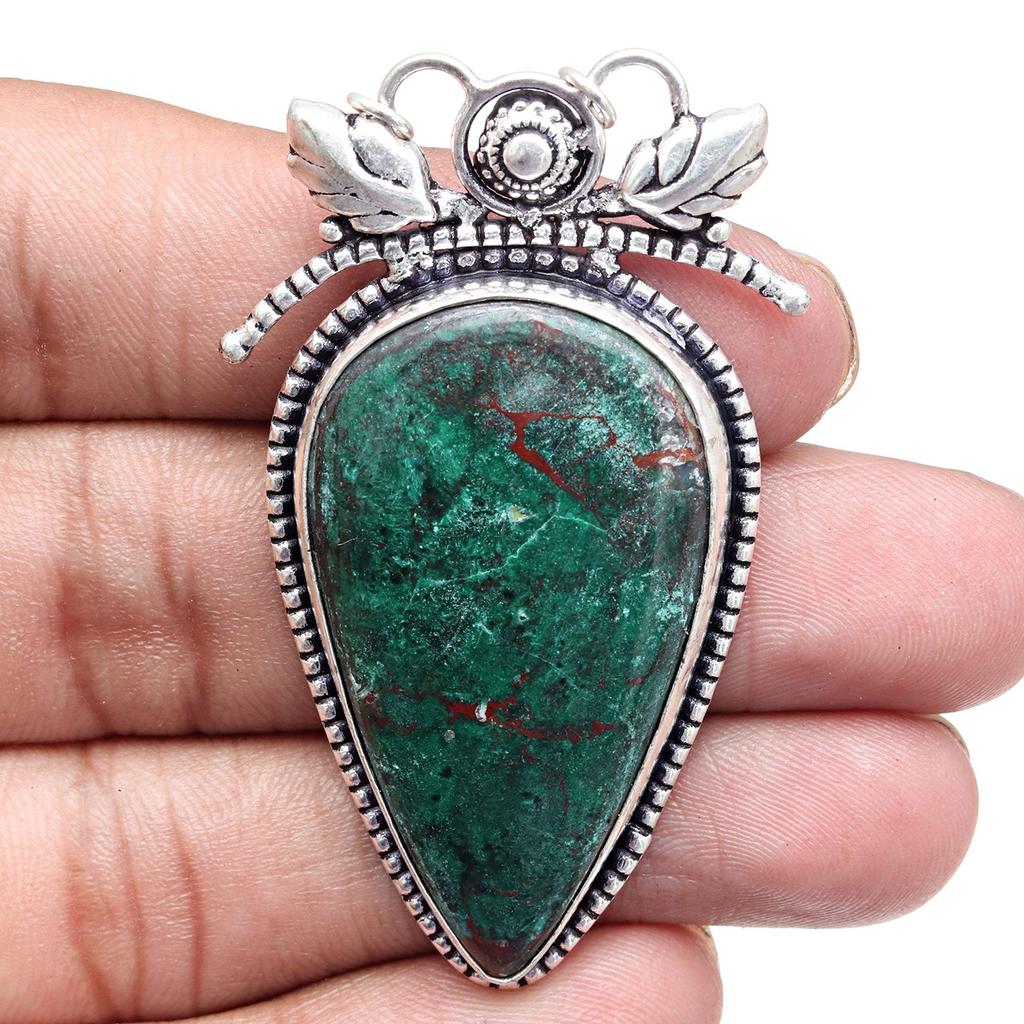 Серебряные ювелирные изделия с драгоценными камнями Хризоколла 2,25 дюйма Подвеска ручной работы стерлингового серебра