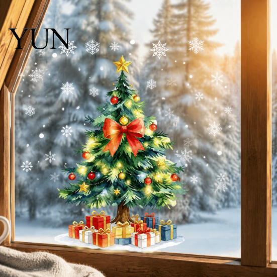 Festive Party Supplies Christmas Tree Static Window Sticker, Waterproof PVC Decal, Watercolor Home Holiday Accents Snowflake Glass Clings for