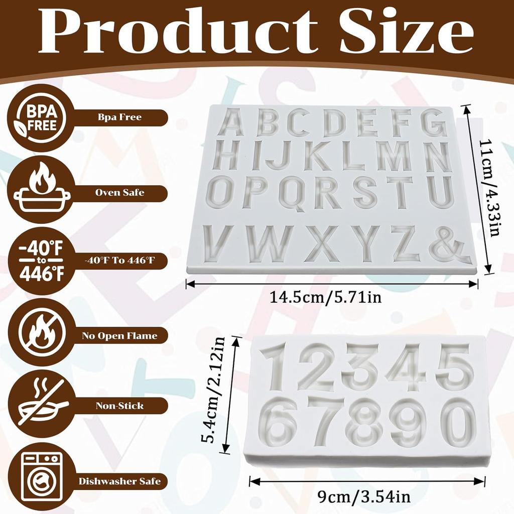 2Pcs Capital Letter Fondant Molds, Alphabet Number 0-9 Chocolate Mold, Silicone Letter Molds for Baking, Cake Decorating, and Birthday Party