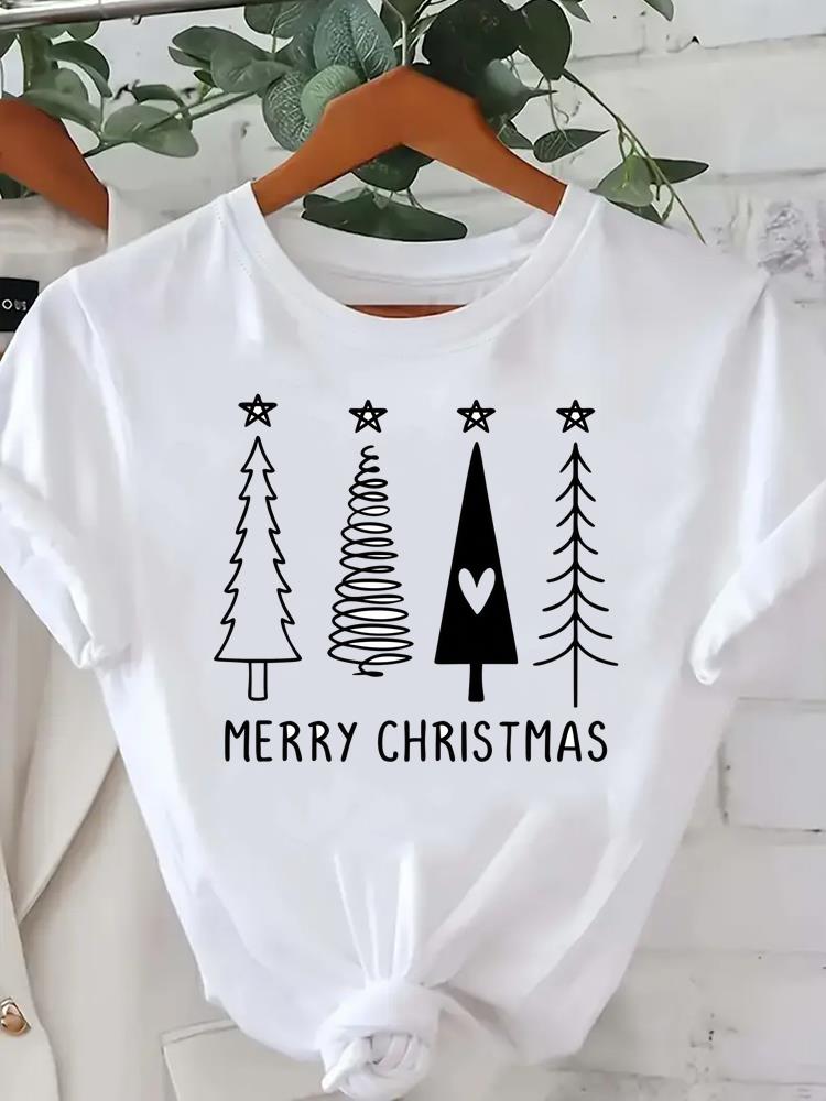(Asian Size) Tree Lovely Style Cute New Year Tee Merry Christmas Festival O-neck Clothing Women's Top T Print Fashion Ladies Graphic T-shirts